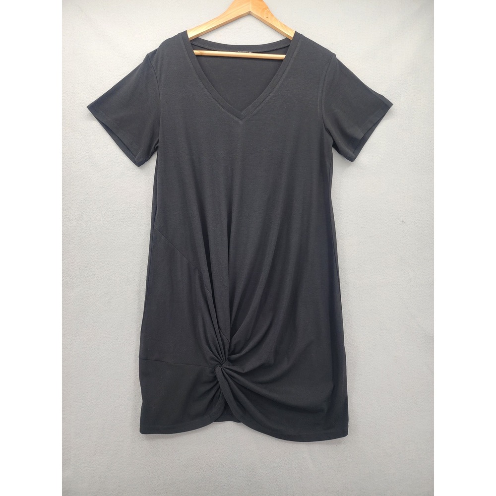 Anrilita Black Twist Front V-Neck T-Shirt Dress Short Sleeve Mini Dress Medium